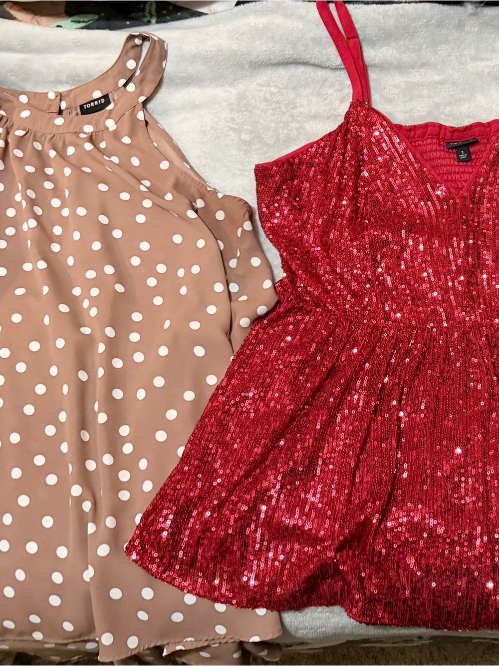 torrid Red Sequin Cami and Taupe Polka Dot Halter Tops
